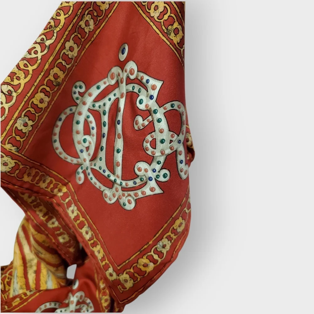 DIOR Vintage Red, Gold & Blue Silk Scarf - Intricate Hand Rolled Edges 90 Square